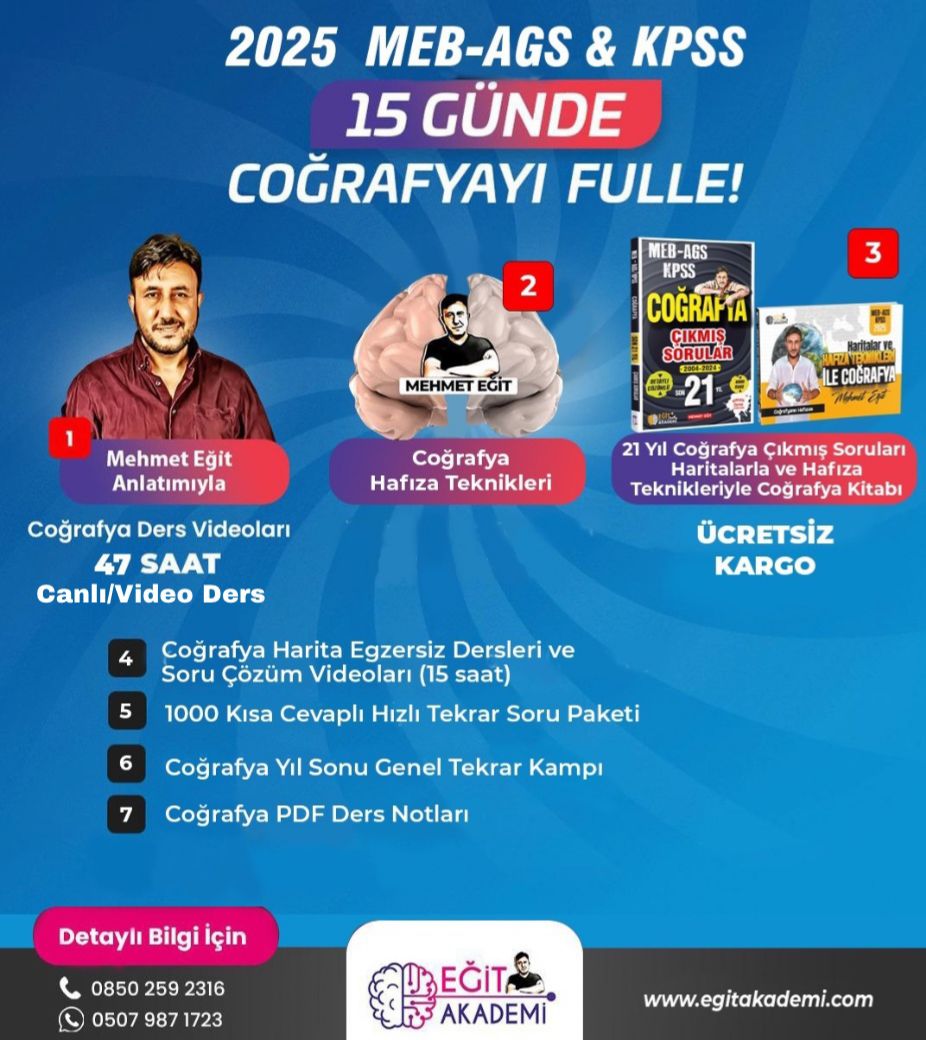 15 GÜNDE 2025 MEB-AGS & KPSS COĞRAFYAYI FULLE Video Ders Paketi 15 GÜNDE 2025 MEB-AGS & KPSS COĞRAFYAYI FULLE Video Ders Paketi